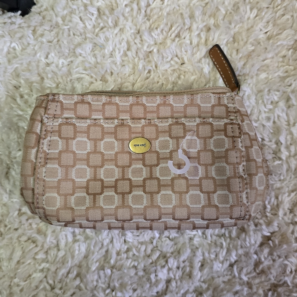 Nine West Tan and Cream Geometric Cosmetic Bag with Metallic Logo